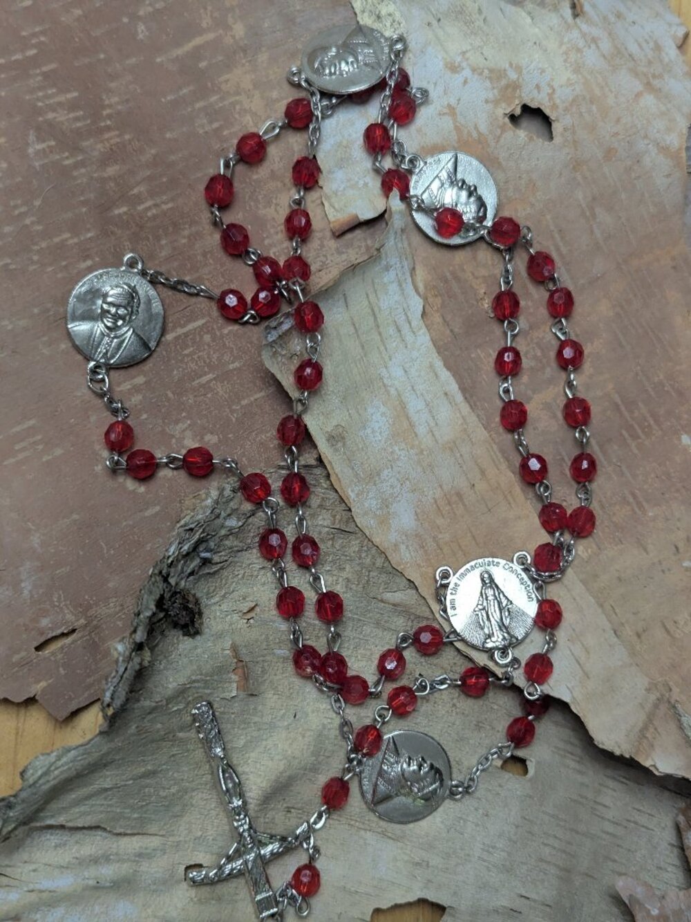 Pope John Paul II Commemorative Rosary Red Beads Five Medallions Vintage